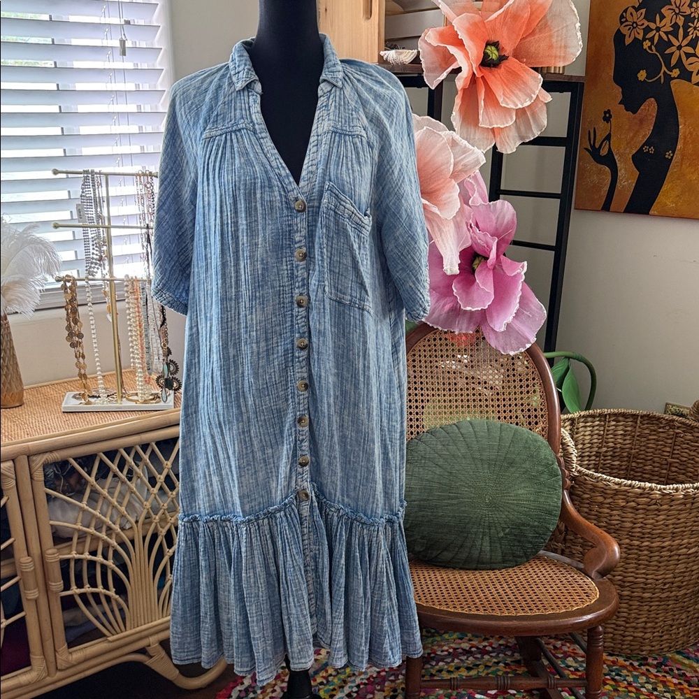 Free People Blue Washed Button-Front Midi Dress